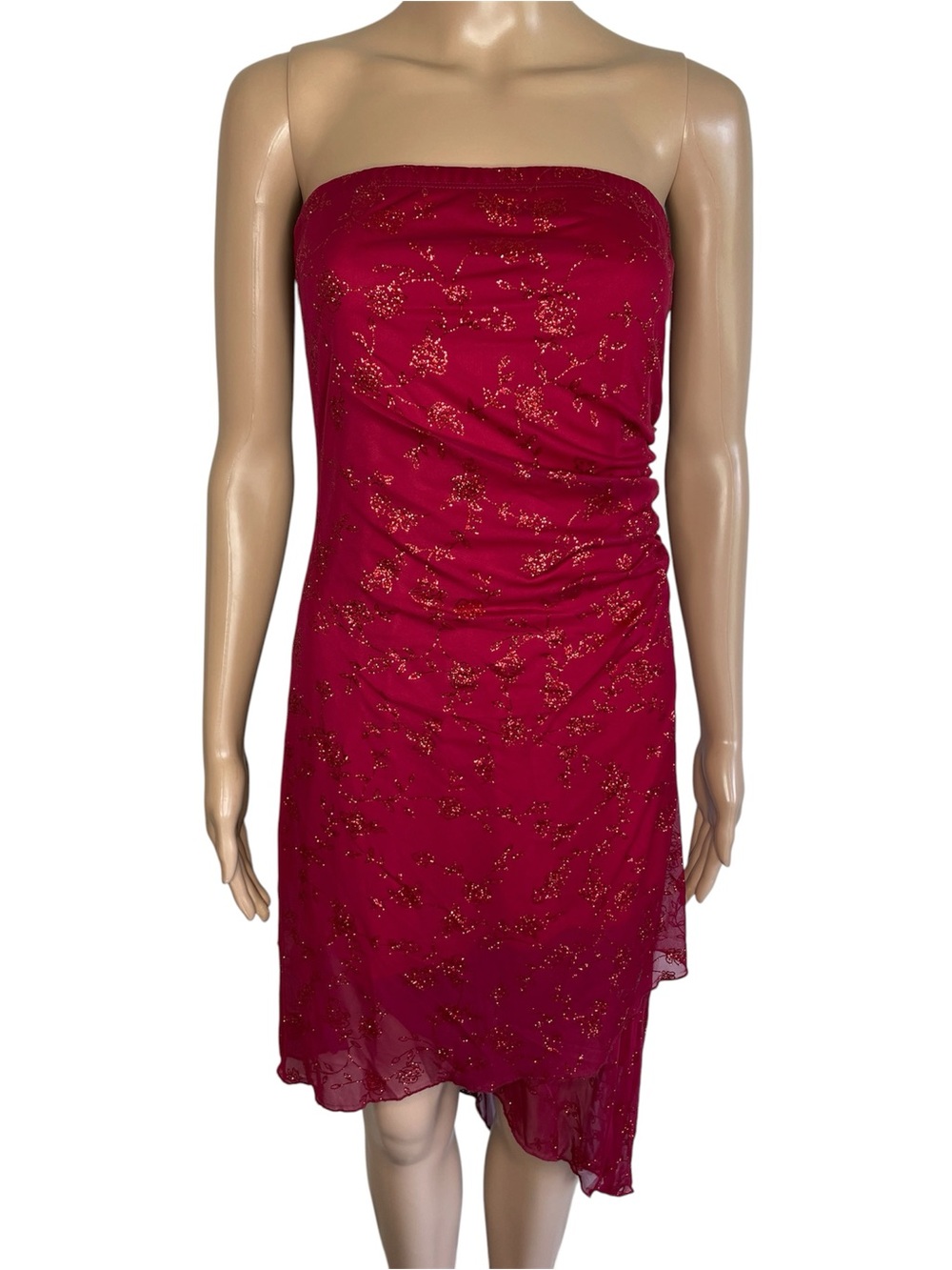 NWT Taboo Y2K Strapless Red Sparkle Ruched Pull On Homecoming Cocktail Dress
